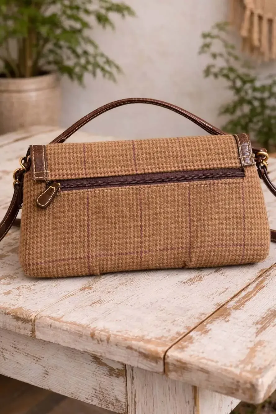 Chaps Plaid Tweed Crossbody Purse with Croc-Embossed Faux Leather Trim